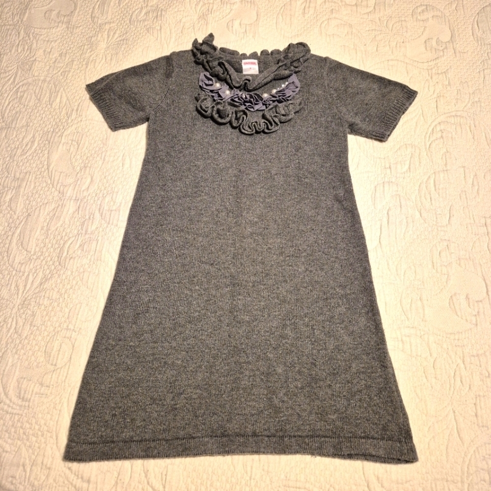 Gymboree girls size 6 gray sweater dress with ruffles and gems on the front VGUC